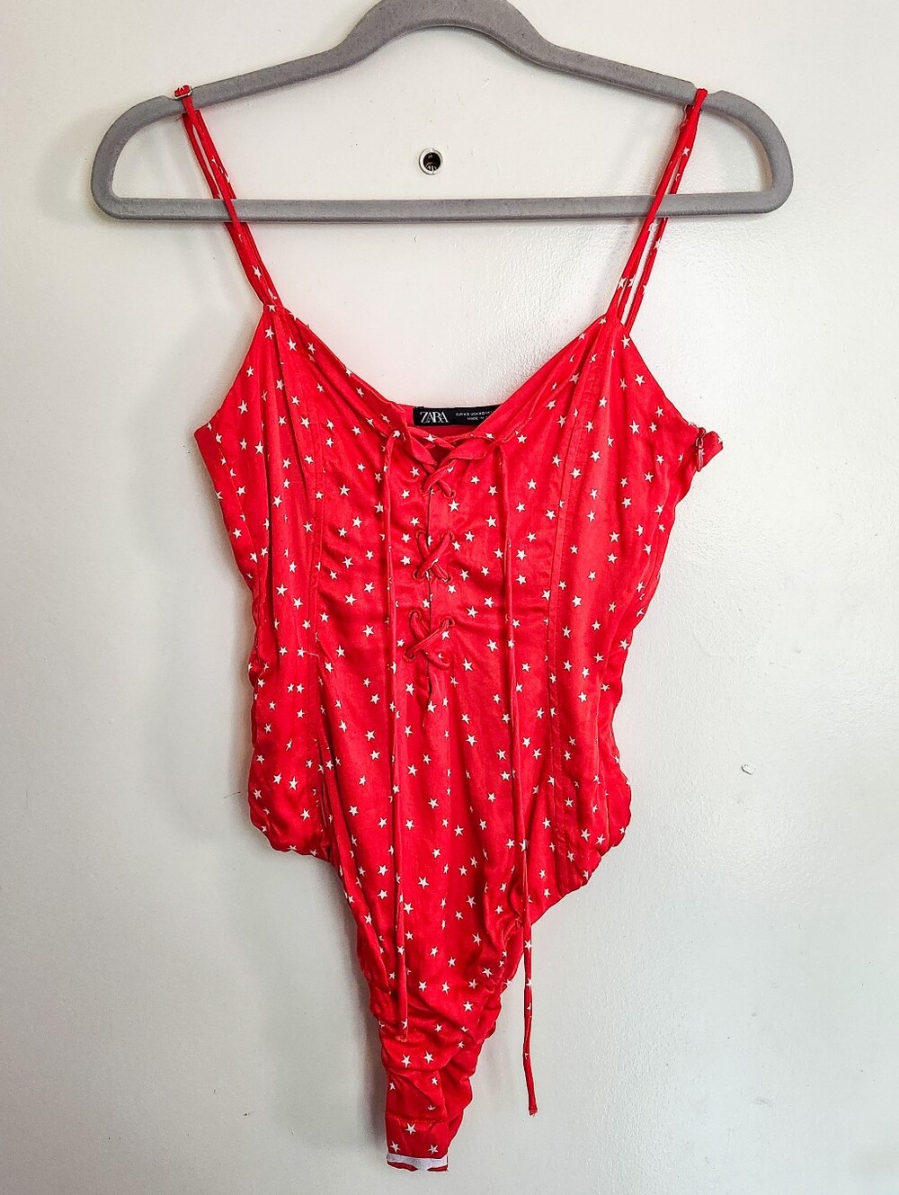 Zara Red Star Print Lace Up Corset Bodysuit Y2K Going Out Top XS Americana